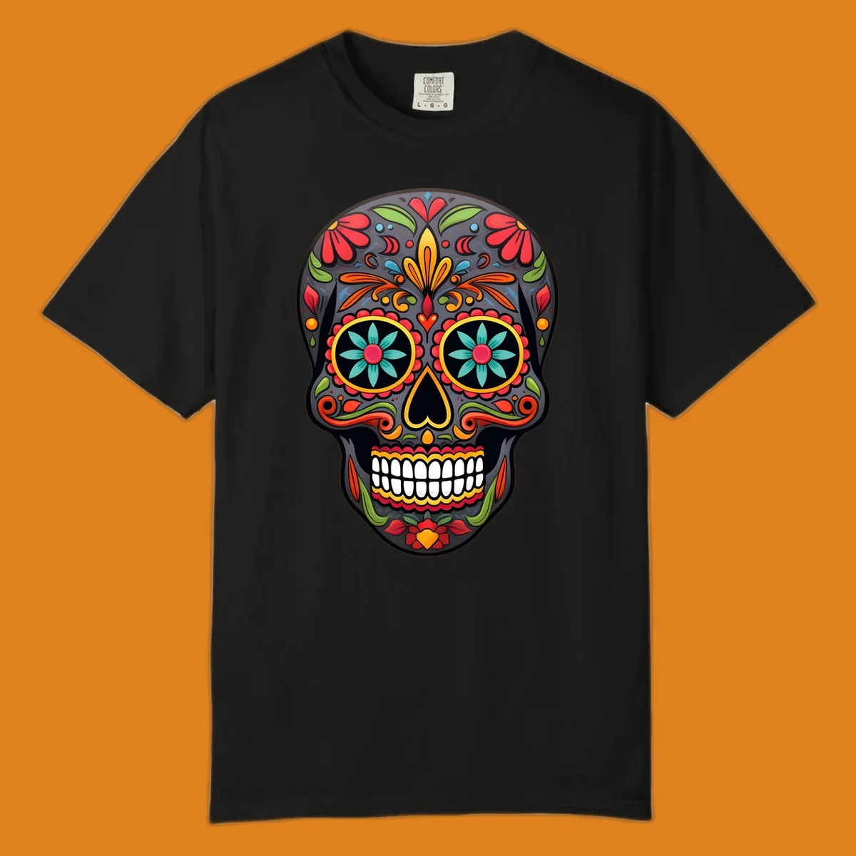 A vibrantly colored calavera sugar skull illustration with intricate floral patterns in red, orange, yellow, green, and blue.