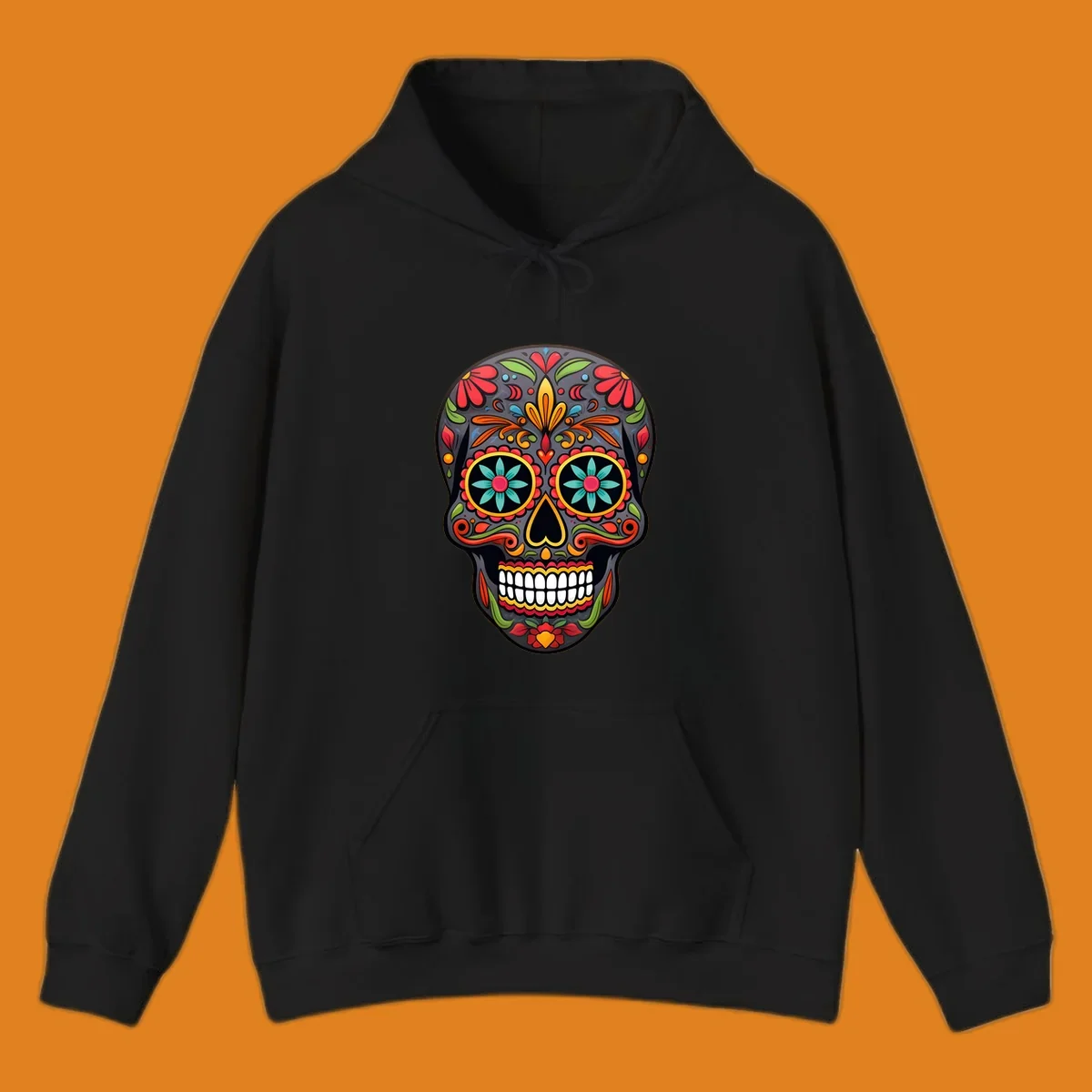 A vibrantly colored calavera sugar skull illustration with intricate floral patterns in red, orange, yellow, green, and blue.