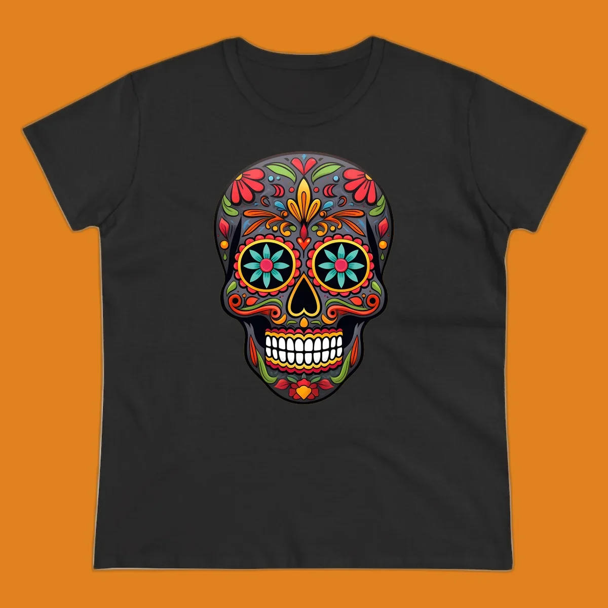 A vibrantly colored calavera sugar skull illustration with intricate floral patterns in red, orange, yellow, green, and blue.