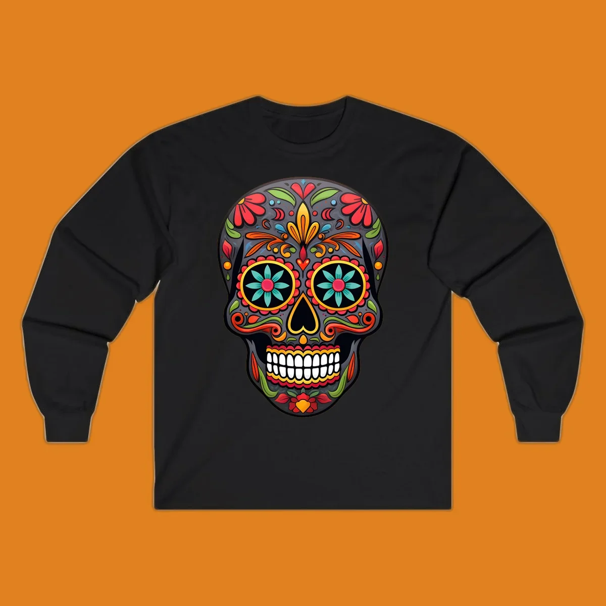 A vibrantly colored calavera sugar skull illustration with intricate floral patterns in red, orange, yellow, green, and blue.