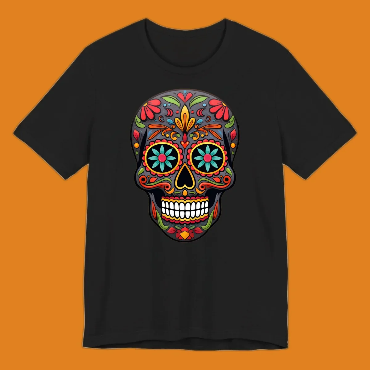 A vibrantly colored calavera sugar skull illustration with intricate floral patterns in red, orange, yellow, green, and blue.