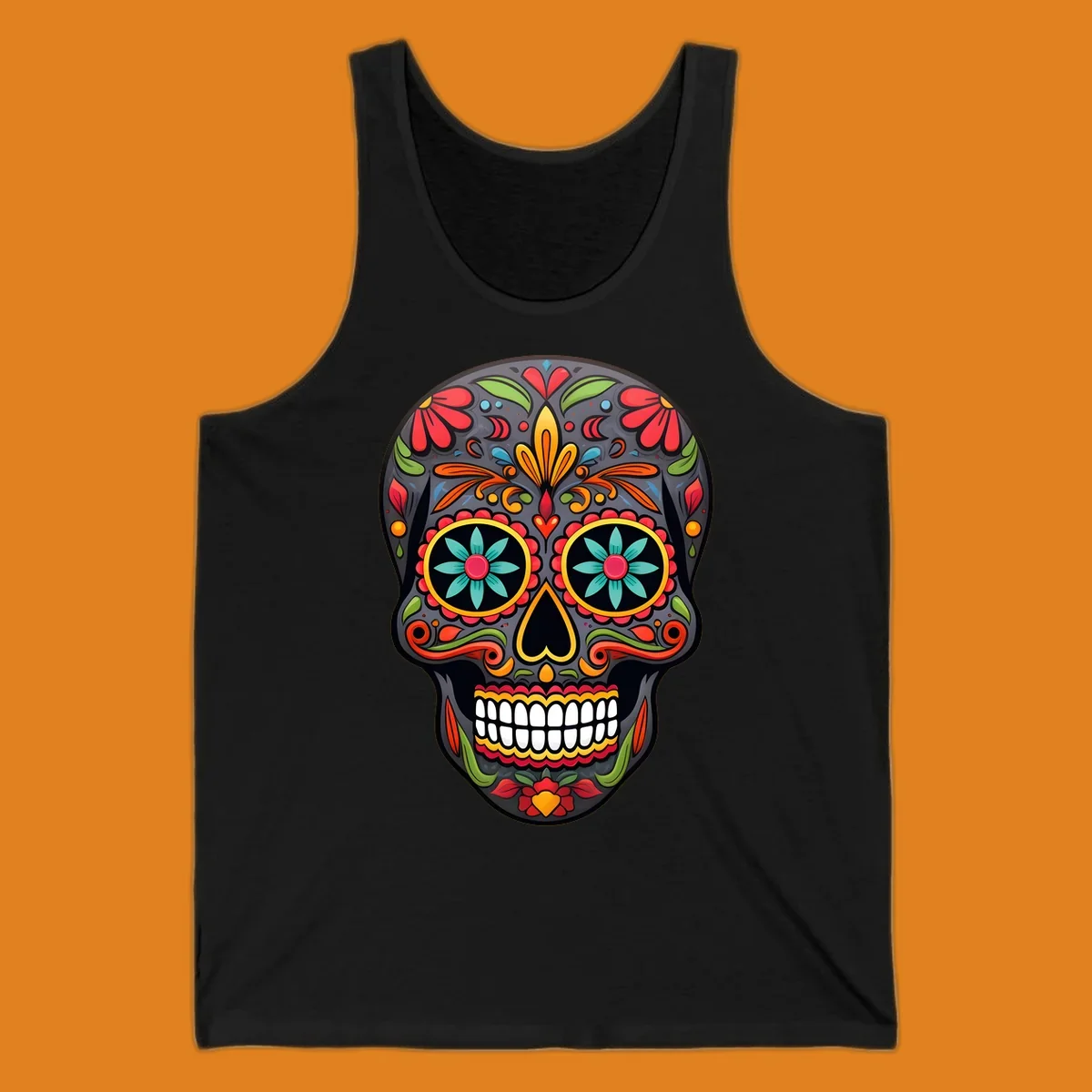 A vibrantly colored calavera sugar skull illustration with intricate floral patterns in red, orange, yellow, green, and blue.