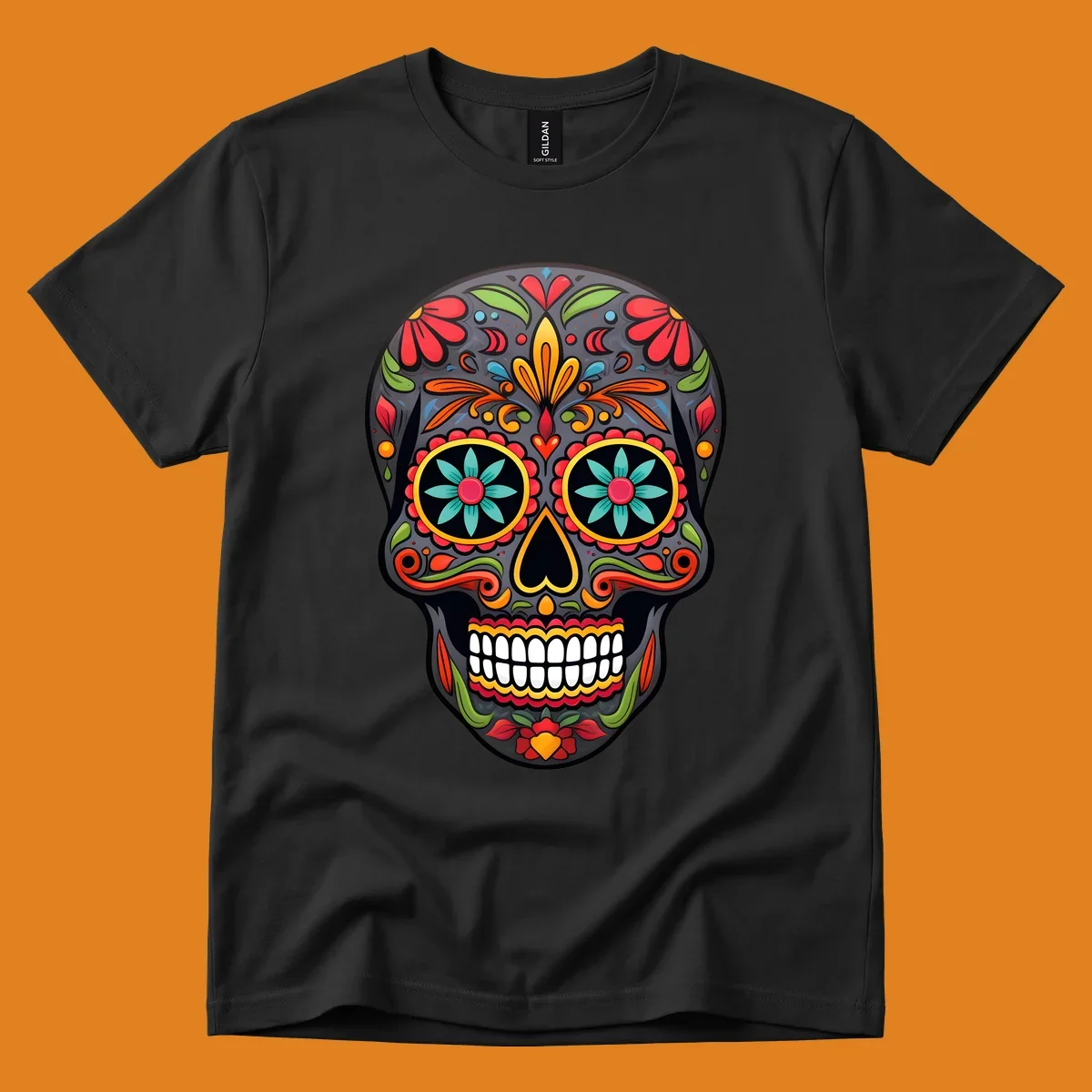 A vibrantly colored calavera sugar skull illustration with intricate floral patterns in red, orange, yellow, green, and blue.