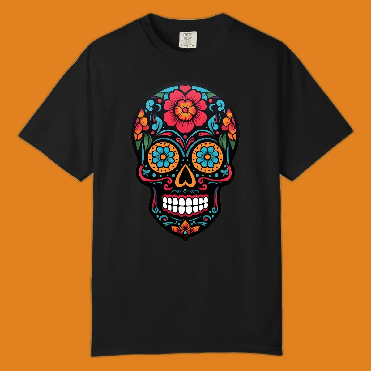 A vibrant floral calavera skull design with red, orange, blue, and teal flowers and patterns on a black skull.