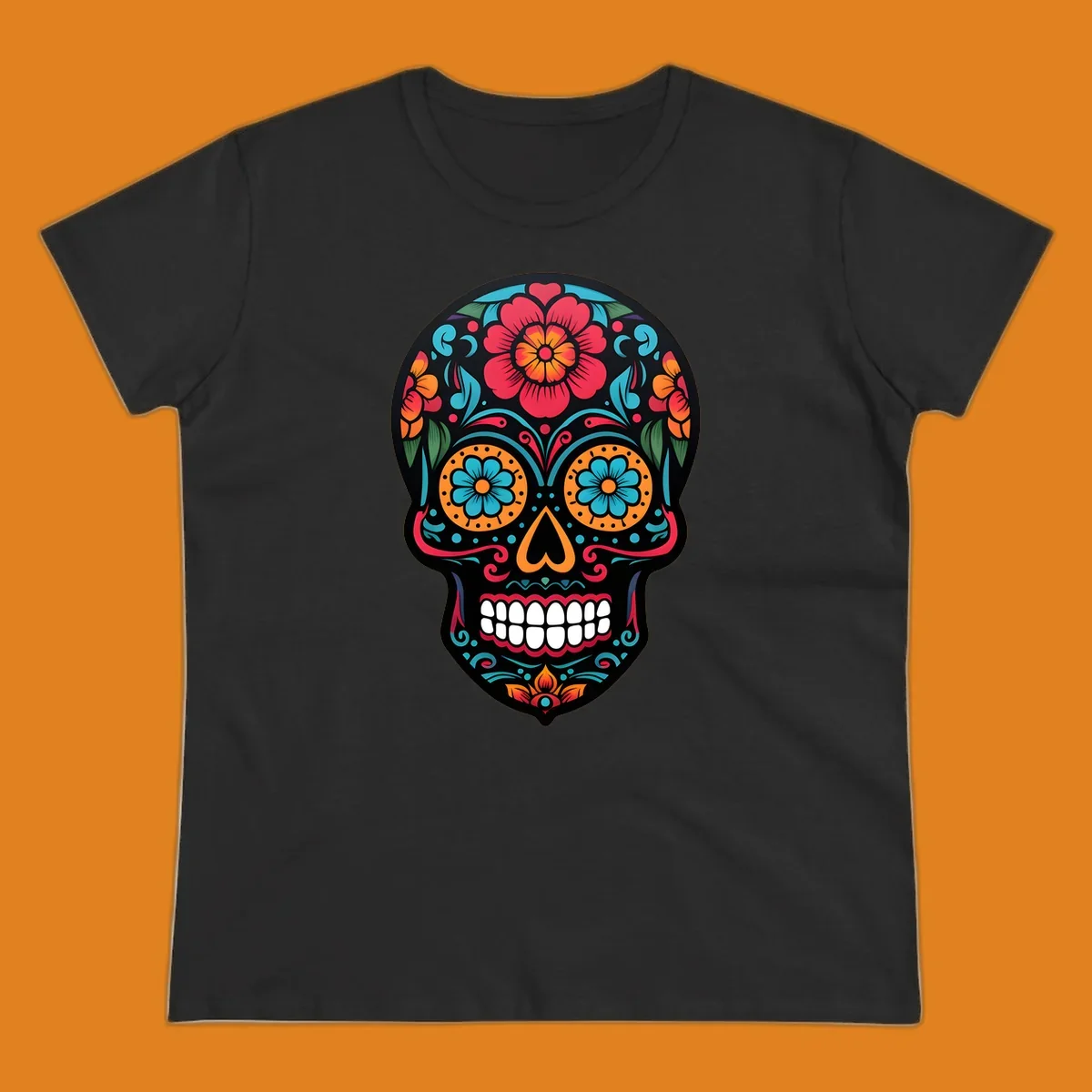 A vibrant floral calavera skull design with red, orange, blue, and teal flowers and patterns on a black skull.