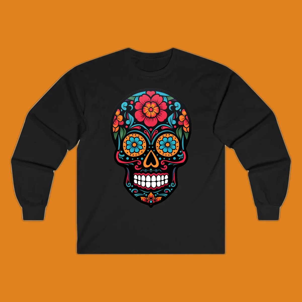 A vibrant floral calavera skull design with red, orange, blue, and teal flowers and patterns on a black skull.