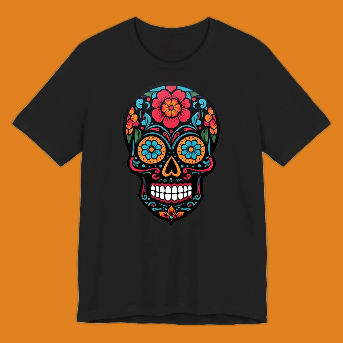 A vibrant floral calavera skull design with red, orange, blue, and teal flowers and patterns on a black skull.