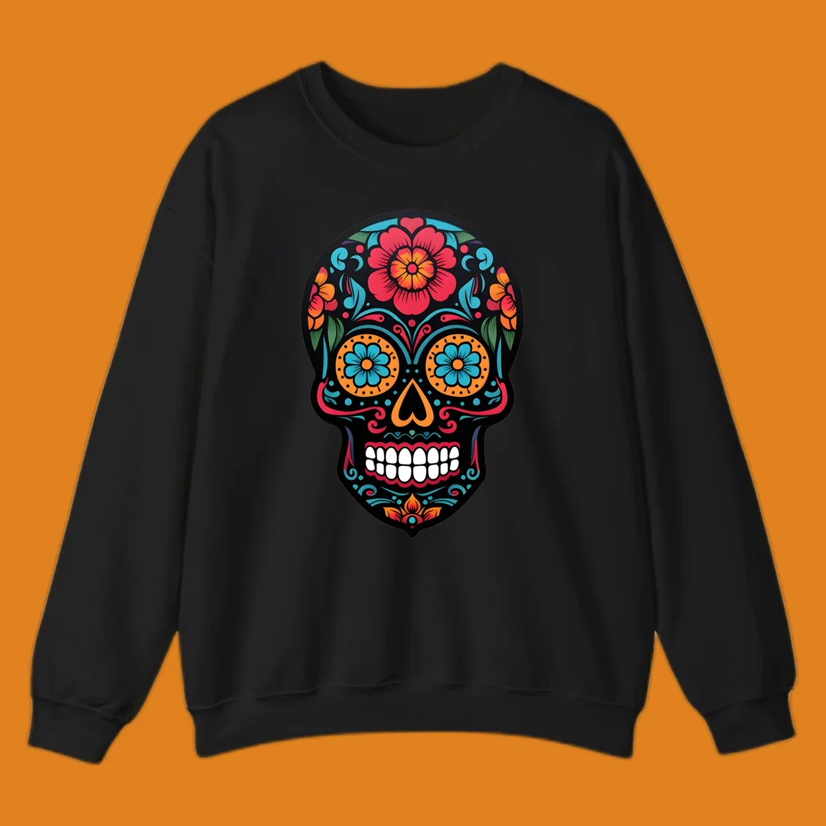A vibrant floral calavera skull design with red, orange, blue, and teal flowers and patterns on a black skull.