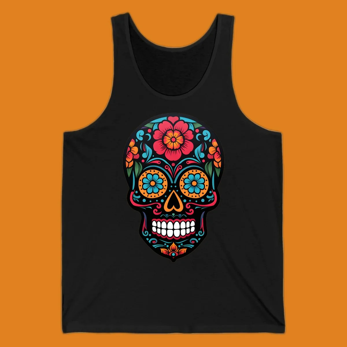 A vibrant floral calavera skull design with red, orange, blue, and teal flowers and patterns on a black skull.
