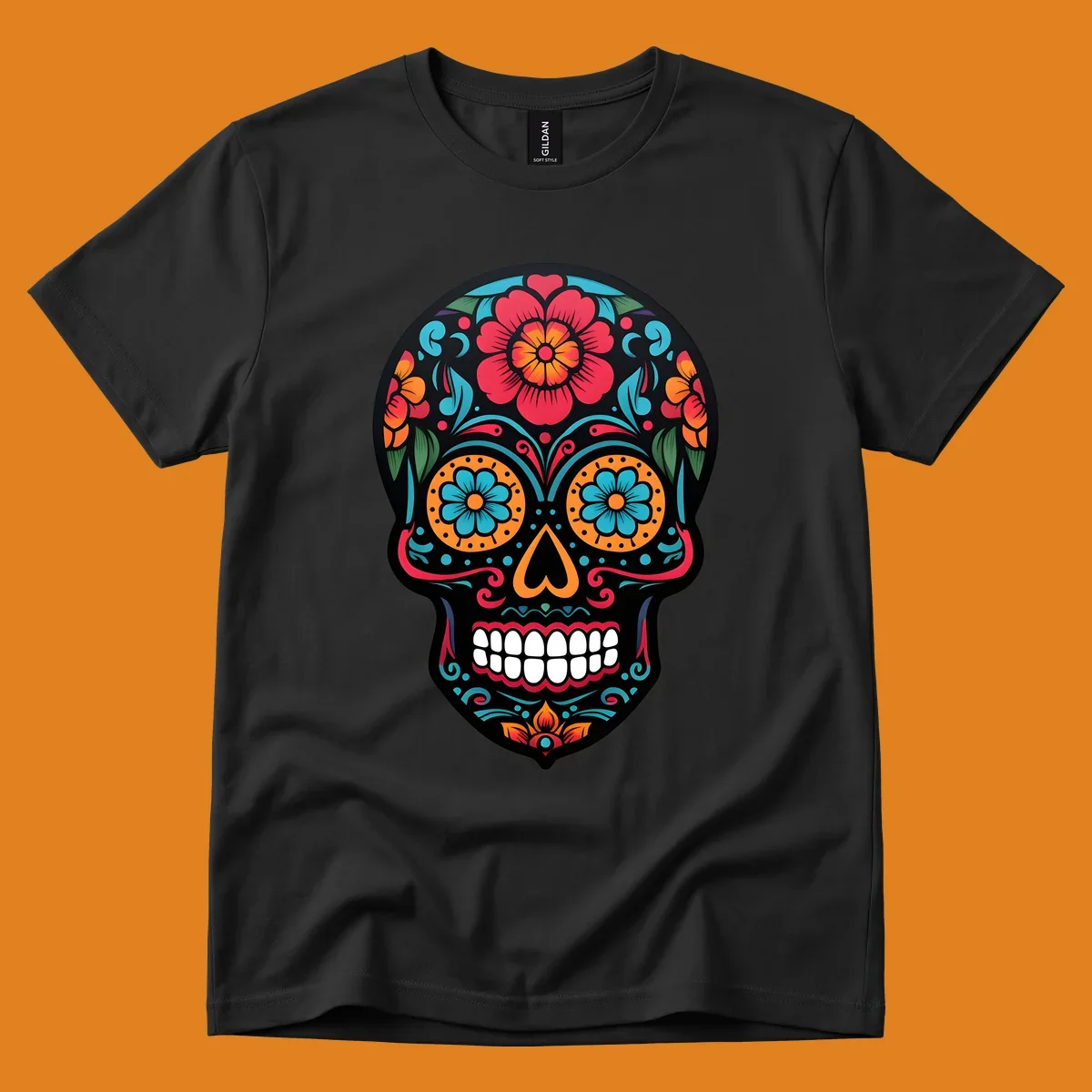 A vibrant floral calavera skull design with red, orange, blue, and teal flowers and patterns on a black skull.