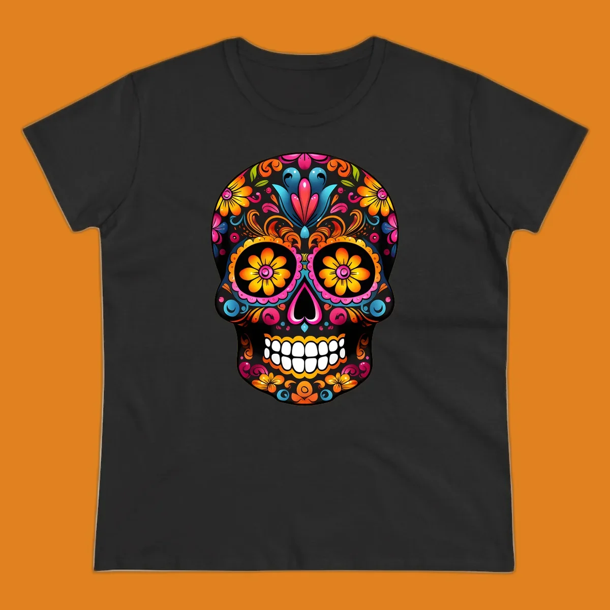 A vibrant colorful floral sugar skull illustration with intricate patterns and bright flowers for eyes.