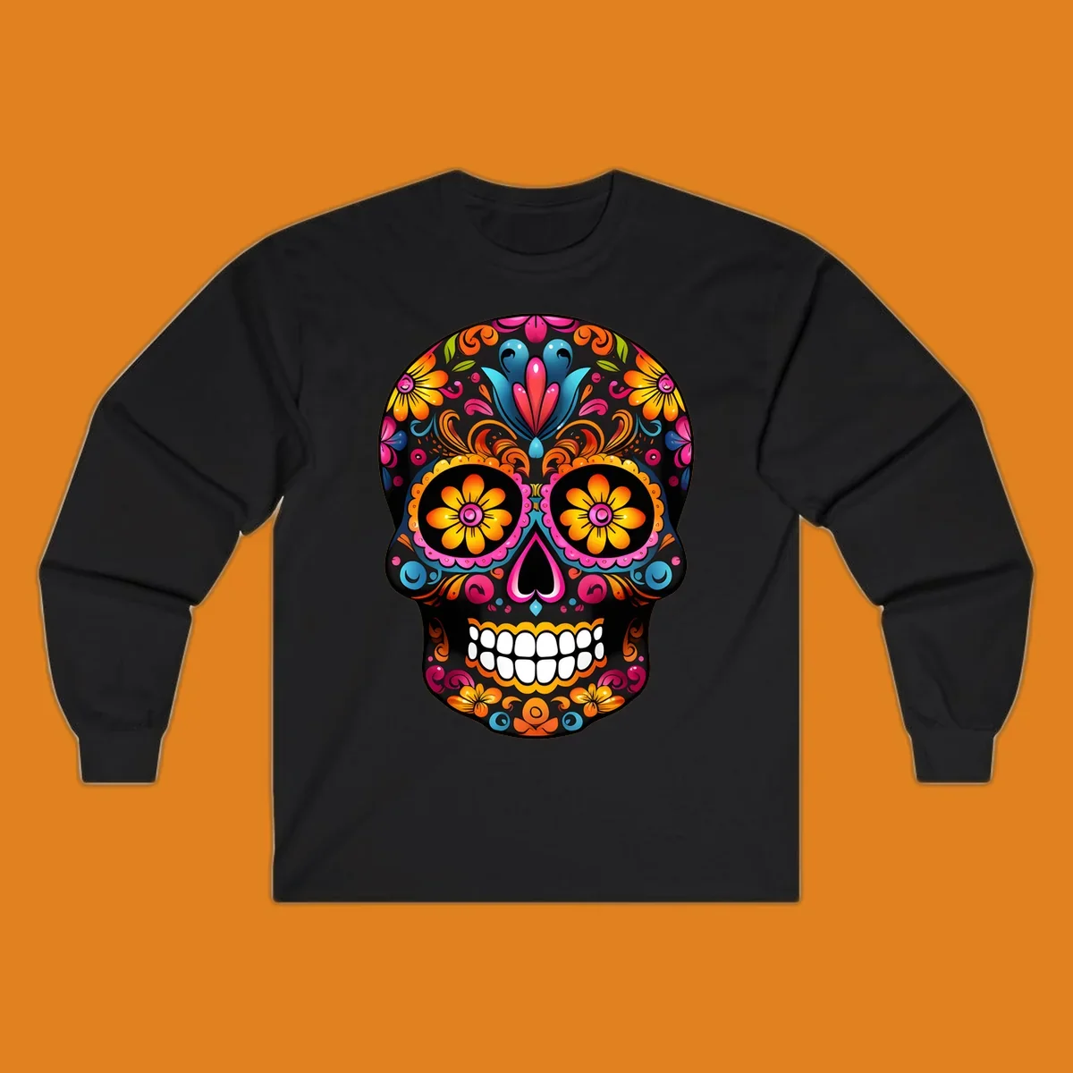 A vibrant colorful floral sugar skull illustration with intricate patterns and bright flowers for eyes.