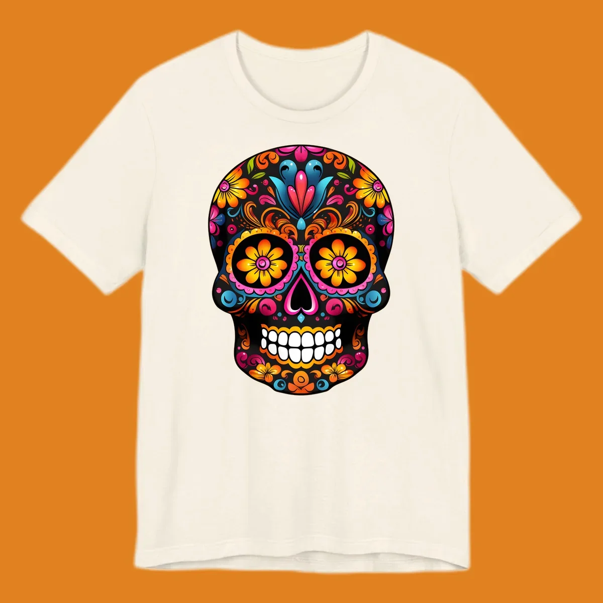 A vibrant colorful floral sugar skull illustration with intricate patterns and bright flowers for eyes.