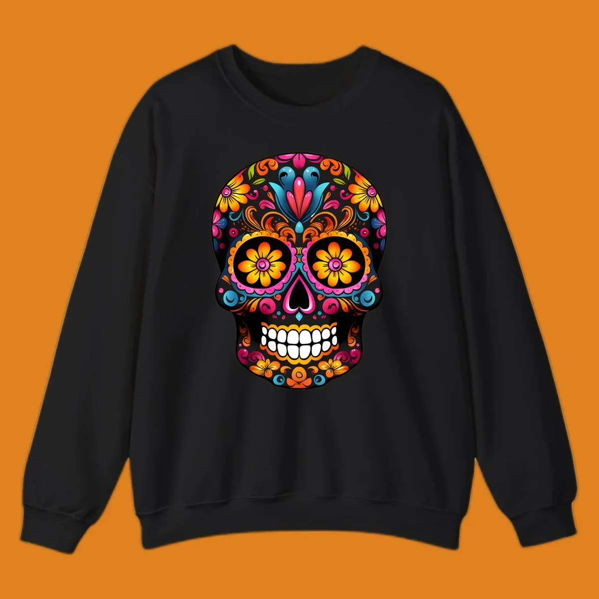 A vibrant colorful floral sugar skull illustration with intricate patterns and bright flowers for eyes.