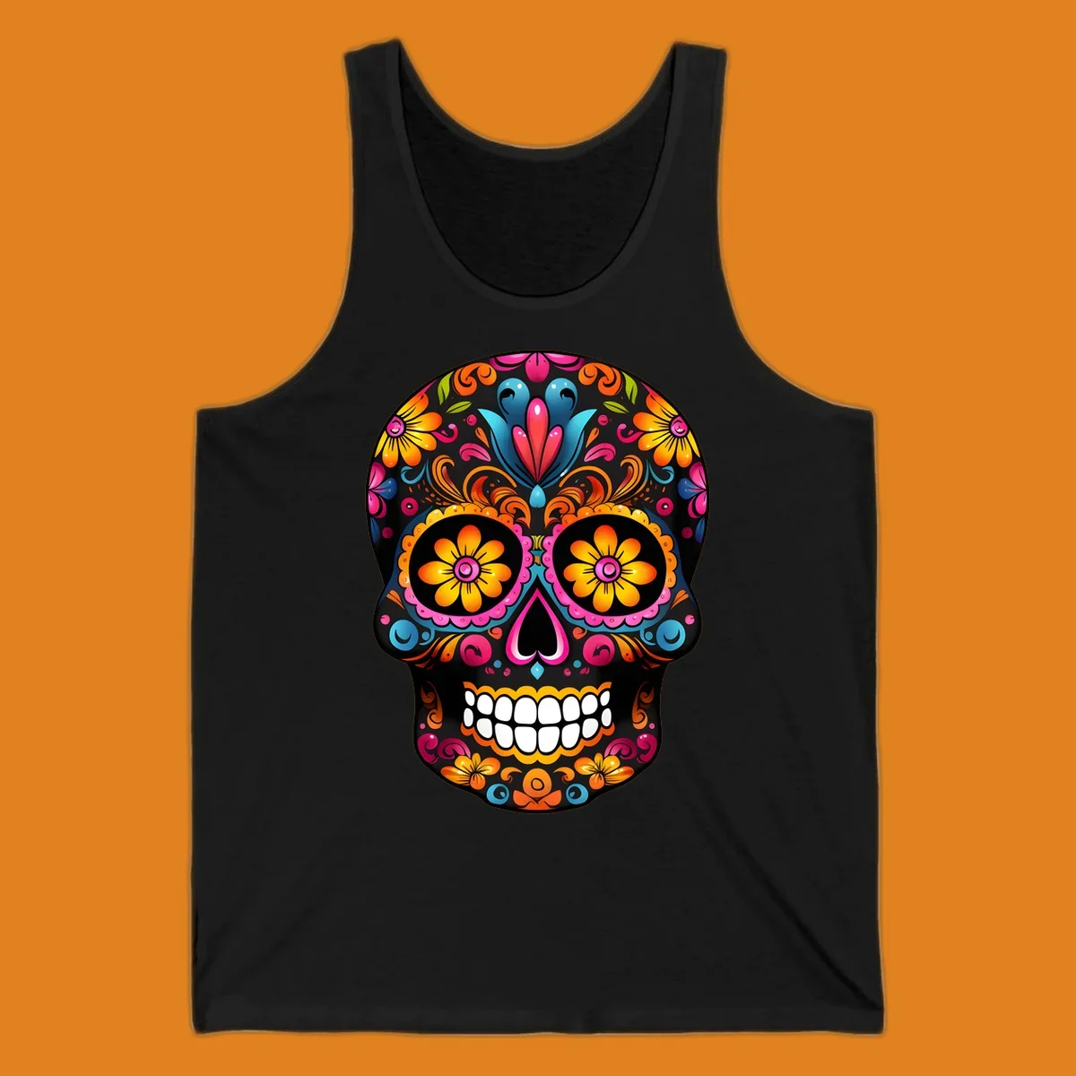 A vibrant colorful floral sugar skull illustration with intricate patterns and bright flowers for eyes.