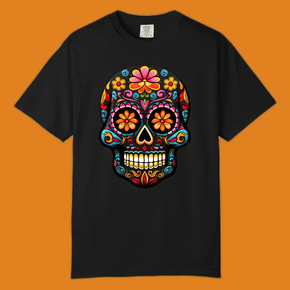 Vibrant floral sugar skull (calavera) illustration with bright flowers, swirls, and a heart nose.