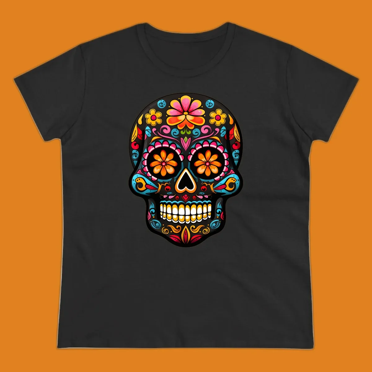 Vibrant floral sugar skull (calavera) illustration with bright flowers, swirls, and a heart nose.