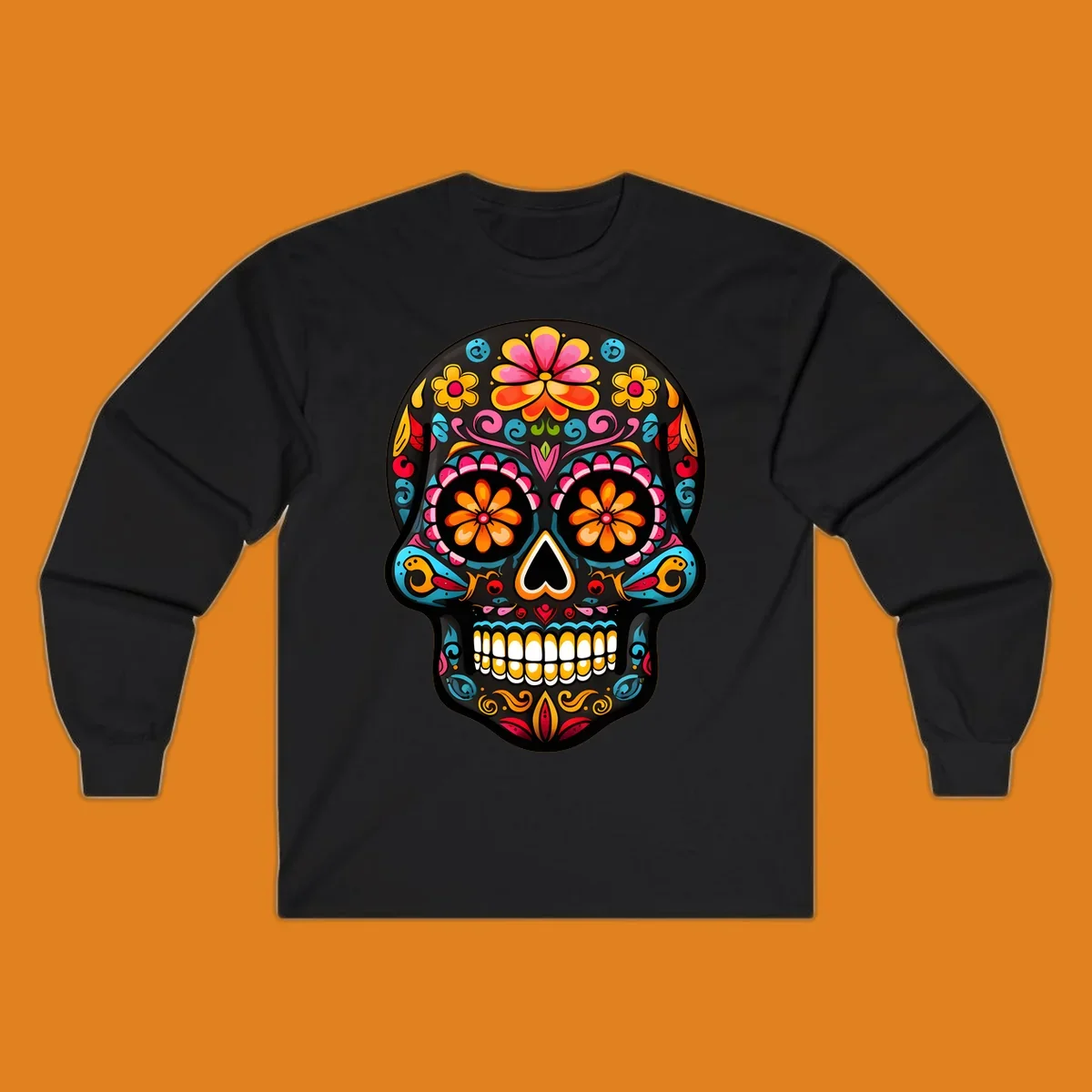 Vibrant floral sugar skull (calavera) illustration with bright flowers, swirls, and a heart nose.