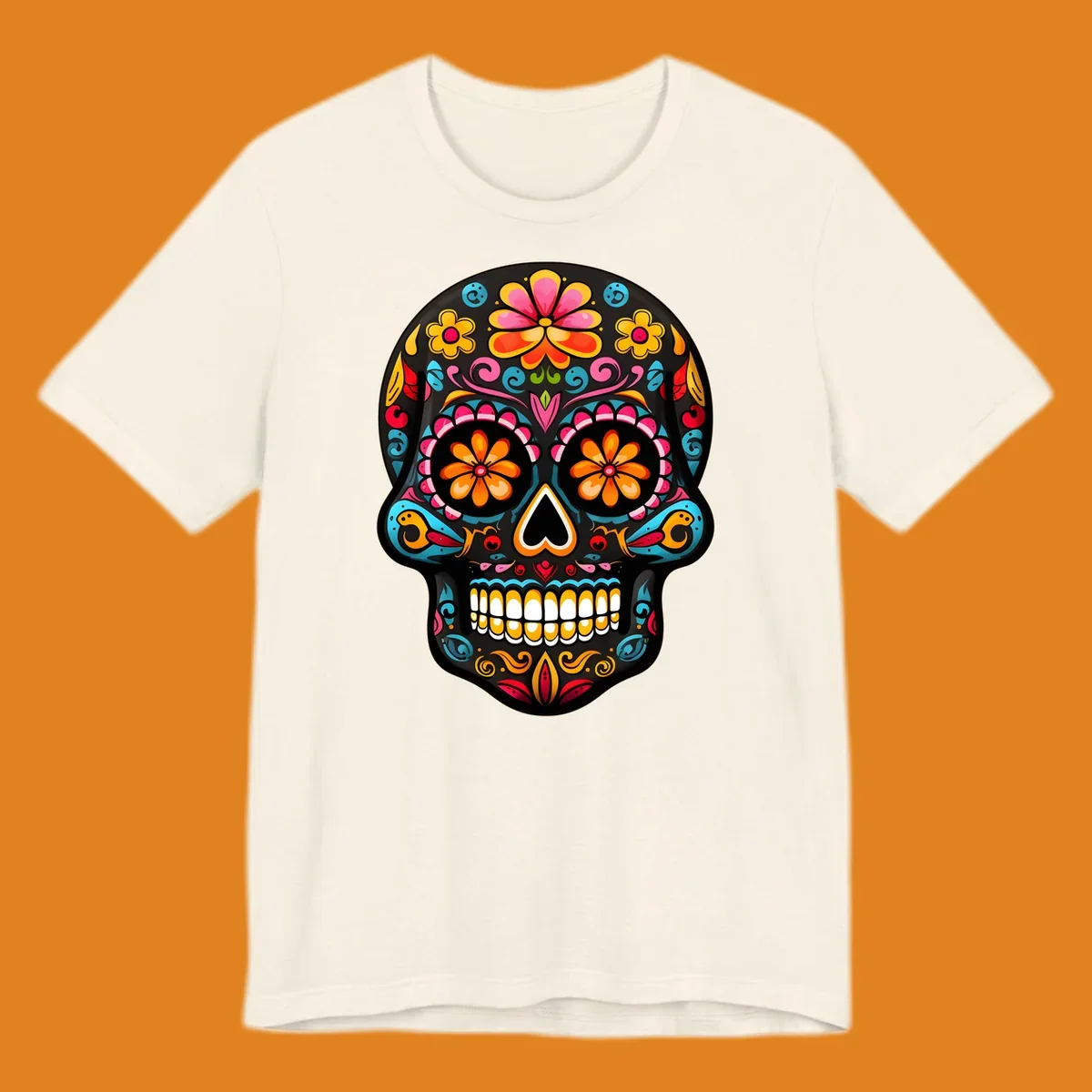 Vibrant floral sugar skull (calavera) illustration with bright flowers, swirls, and a heart nose.