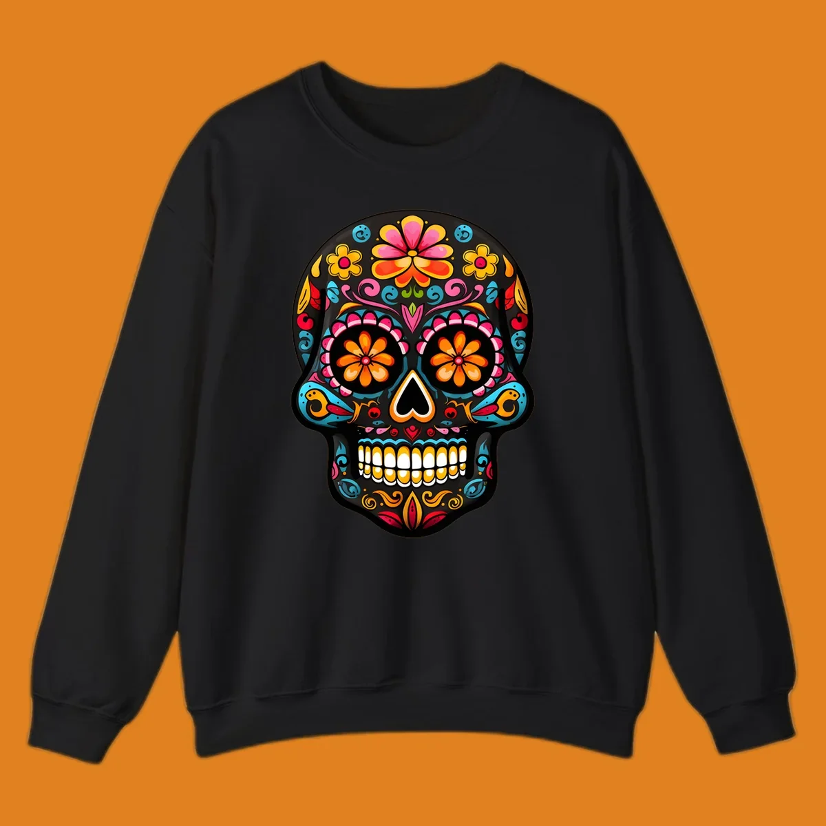 Vibrant floral sugar skull (calavera) illustration with bright flowers, swirls, and a heart nose.
