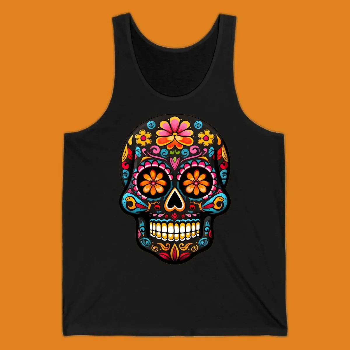 Vibrant floral sugar skull (calavera) illustration with bright flowers, swirls, and a heart nose.