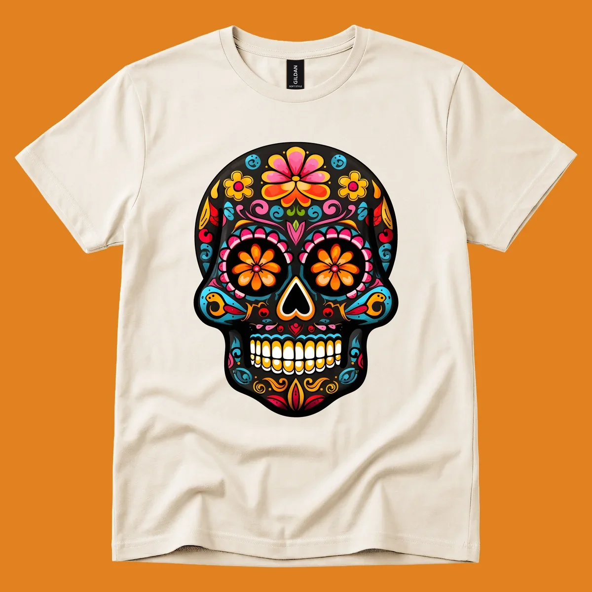Vibrant floral sugar skull (calavera) illustration with bright flowers, swirls, and a heart nose.