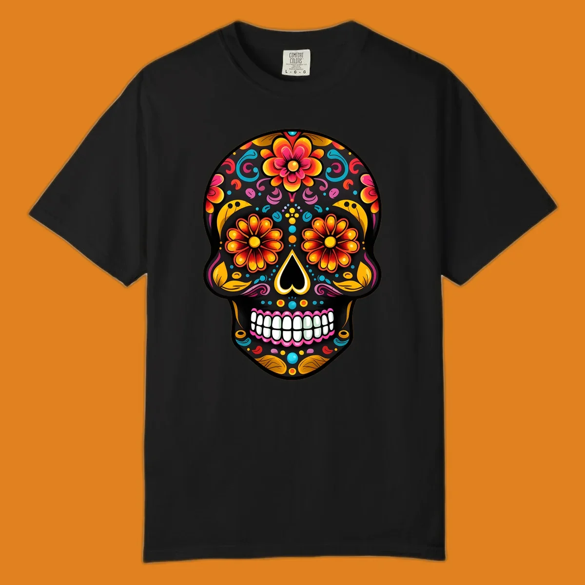 A vibrantly colored floral sugar skull, or calavera, with large flower eyes, a heart nose, and white teeth.