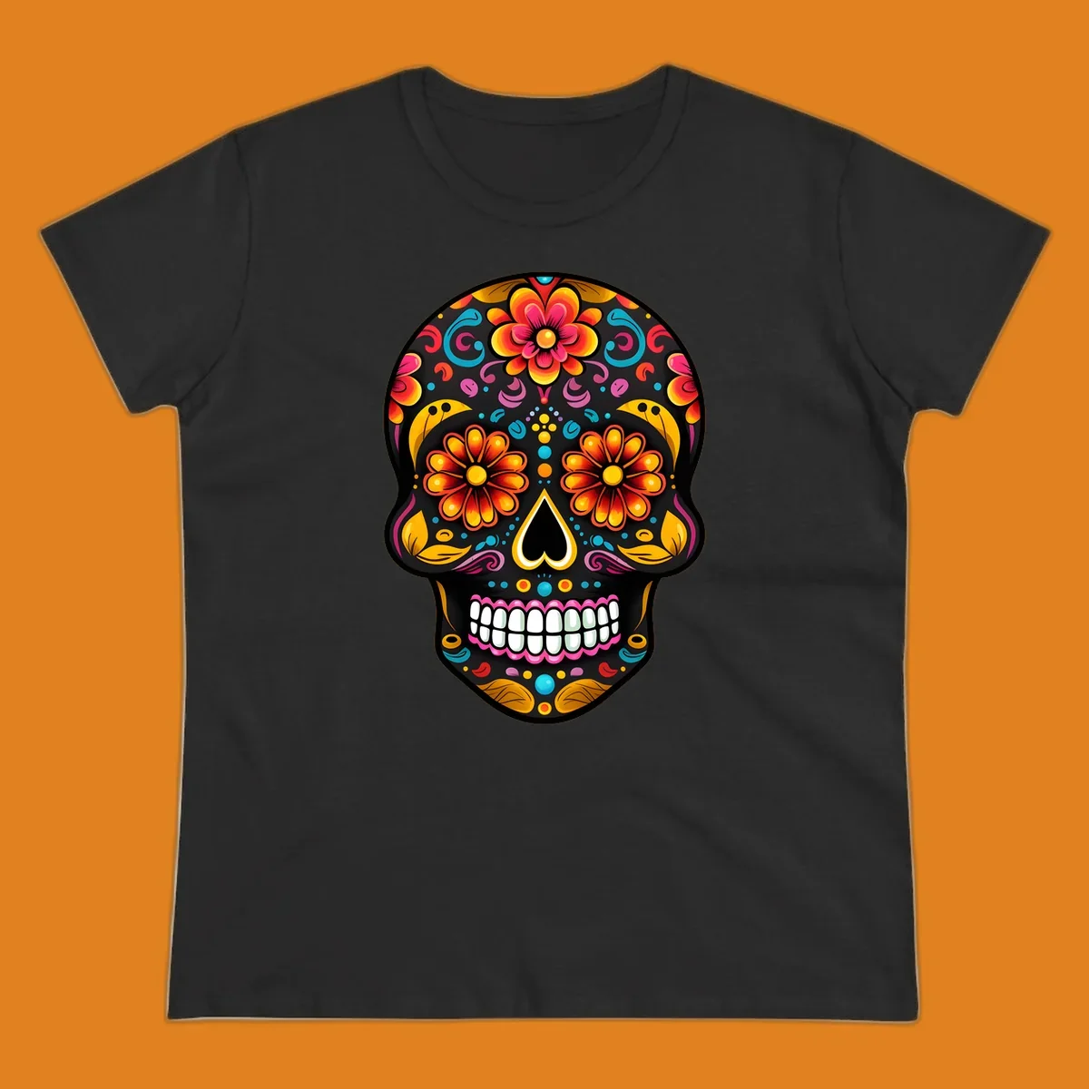 A vibrantly colored floral sugar skull, or calavera, with large flower eyes, a heart nose, and white teeth.
