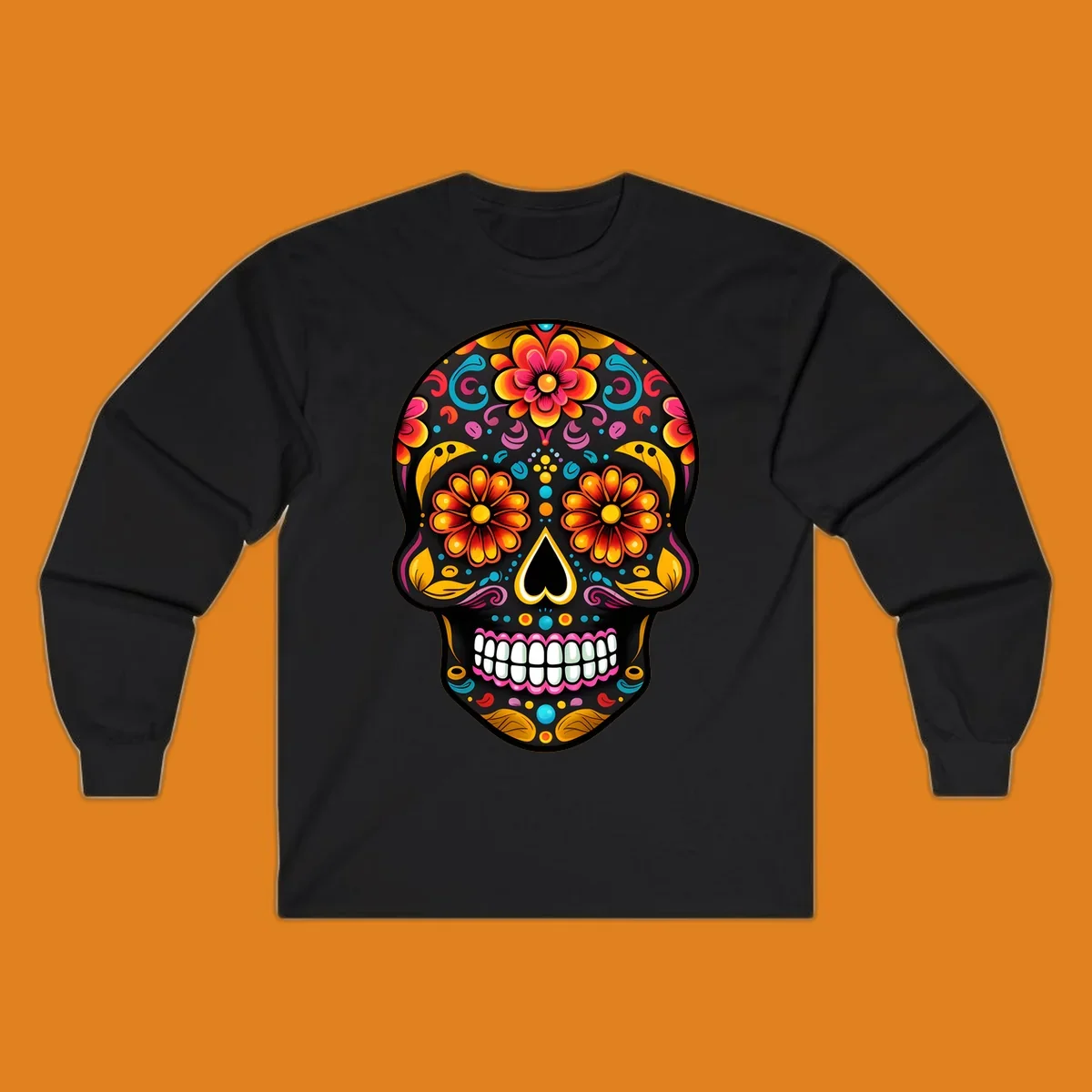 A vibrantly colored floral sugar skull, or calavera, with large flower eyes, a heart nose, and white teeth.