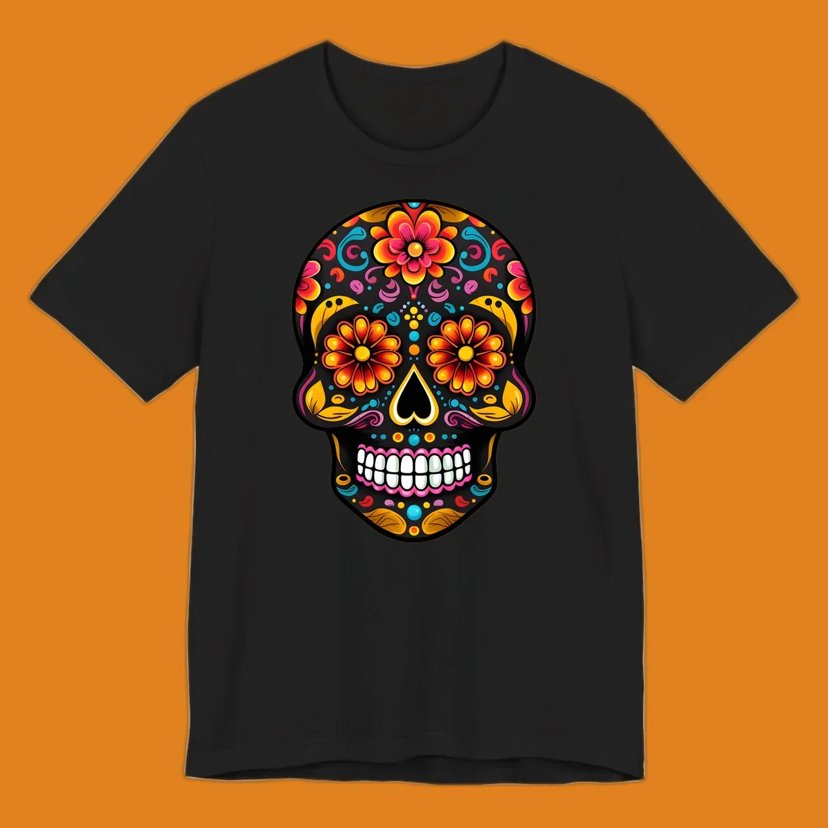 A vibrantly colored floral sugar skull, or calavera, with large flower eyes, a heart nose, and white teeth.