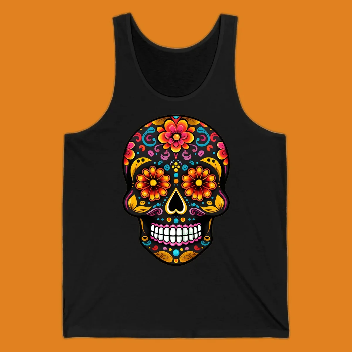 A vibrantly colored floral sugar skull, or calavera, with large flower eyes, a heart nose, and white teeth.