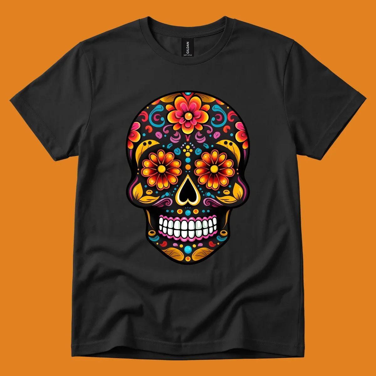 A vibrantly colored floral sugar skull, or calavera, with large flower eyes, a heart nose, and white teeth.