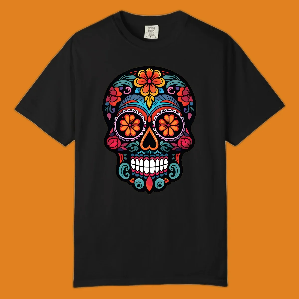 A vibrant, ornate Día de los Muertos sugar skull design with colorful flowers and intricate patterns.