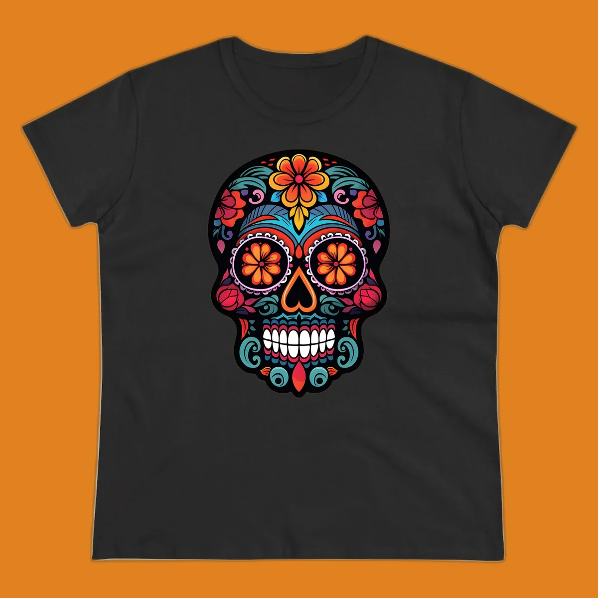 A vibrant, ornate Día de los Muertos sugar skull design with colorful flowers and intricate patterns.