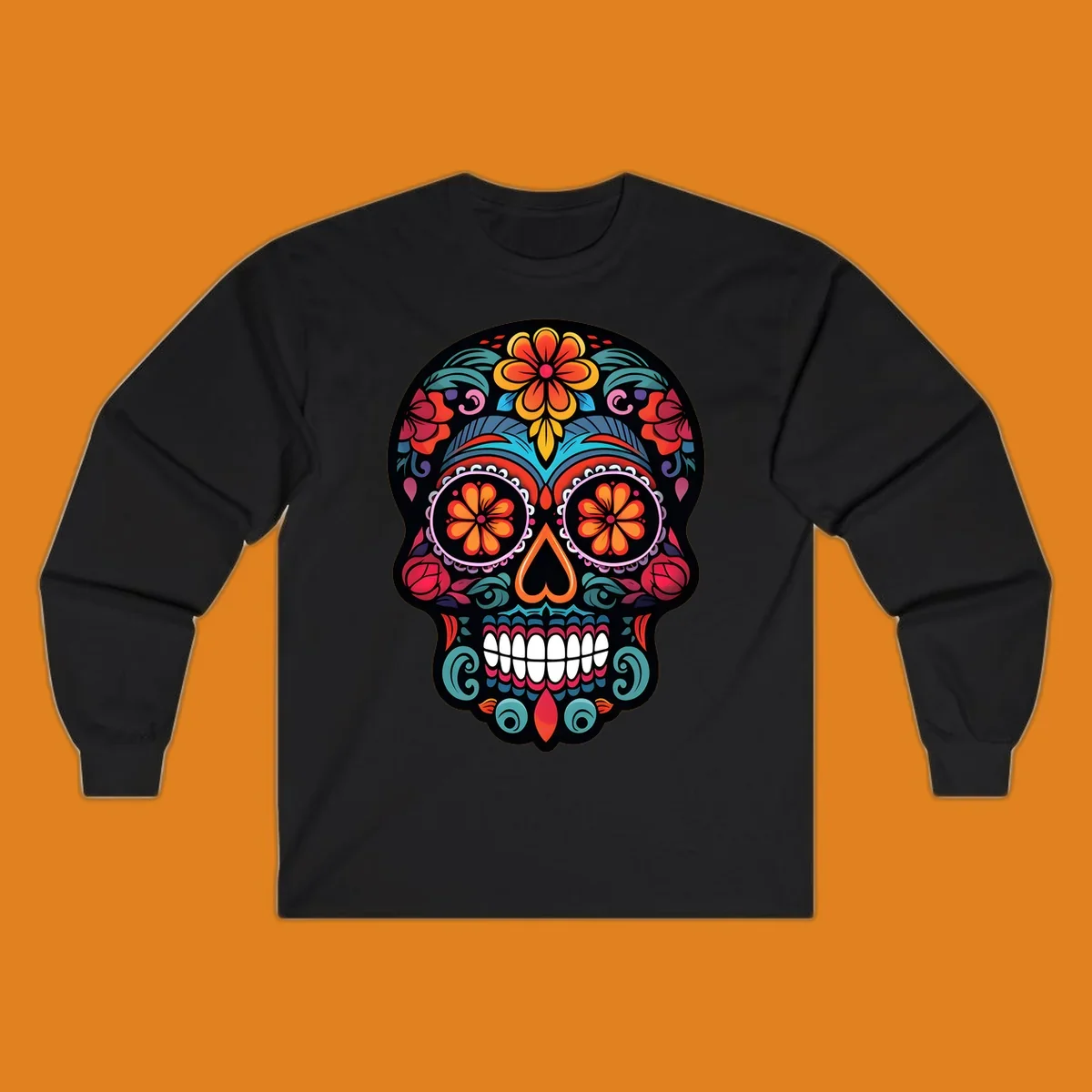 A vibrant, ornate Día de los Muertos sugar skull design with colorful flowers and intricate patterns.