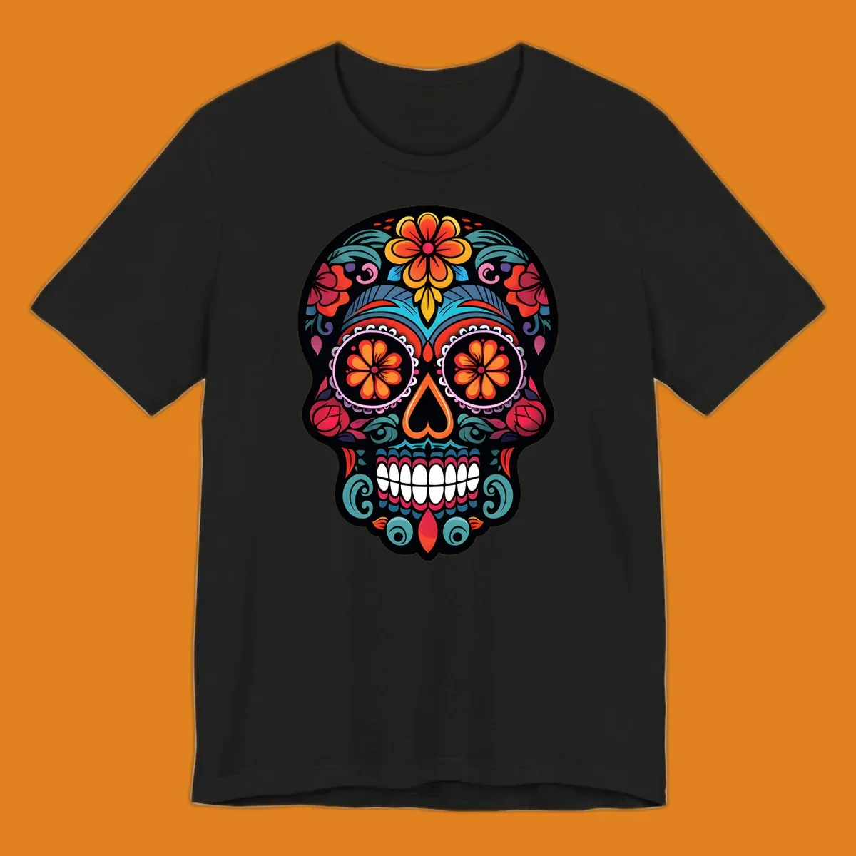 A vibrant, ornate Día de los Muertos sugar skull design with colorful flowers and intricate patterns.