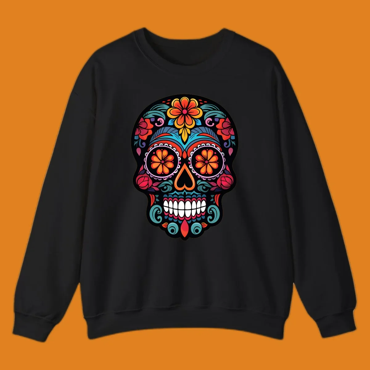 A vibrant, ornate Día de los Muertos sugar skull design with colorful flowers and intricate patterns.