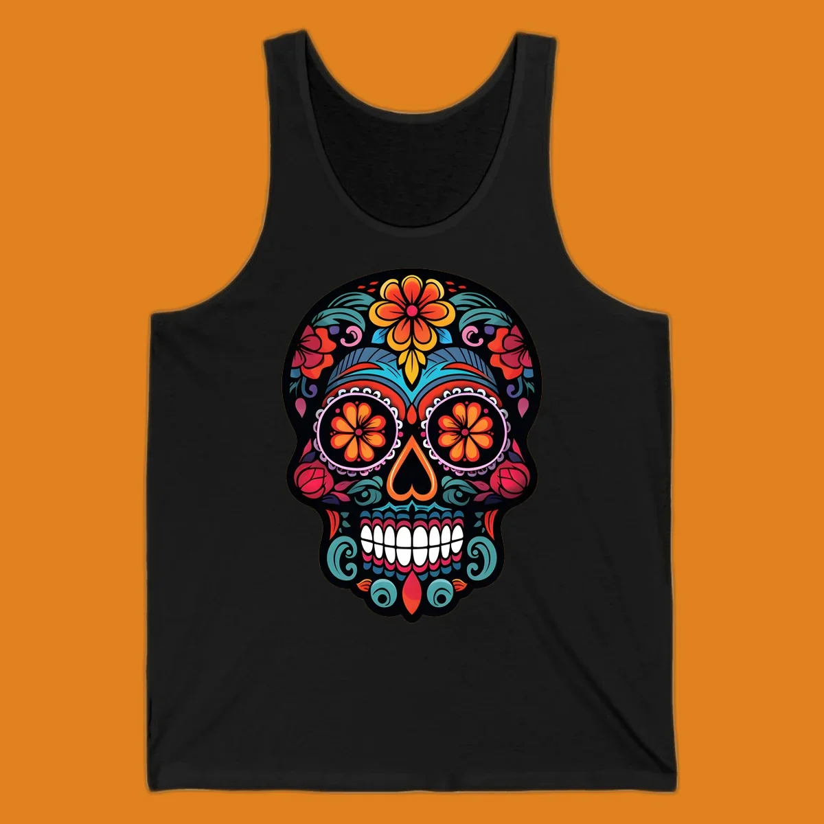 A vibrant, ornate Día de los Muertos sugar skull design with colorful flowers and intricate patterns.