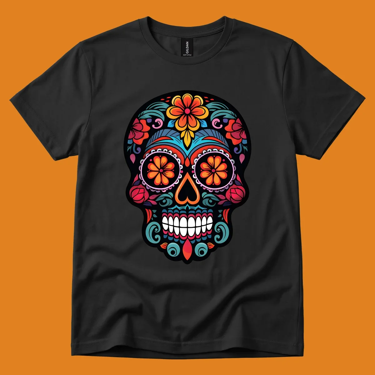 A vibrant, ornate Día de los Muertos sugar skull design with colorful flowers and intricate patterns.