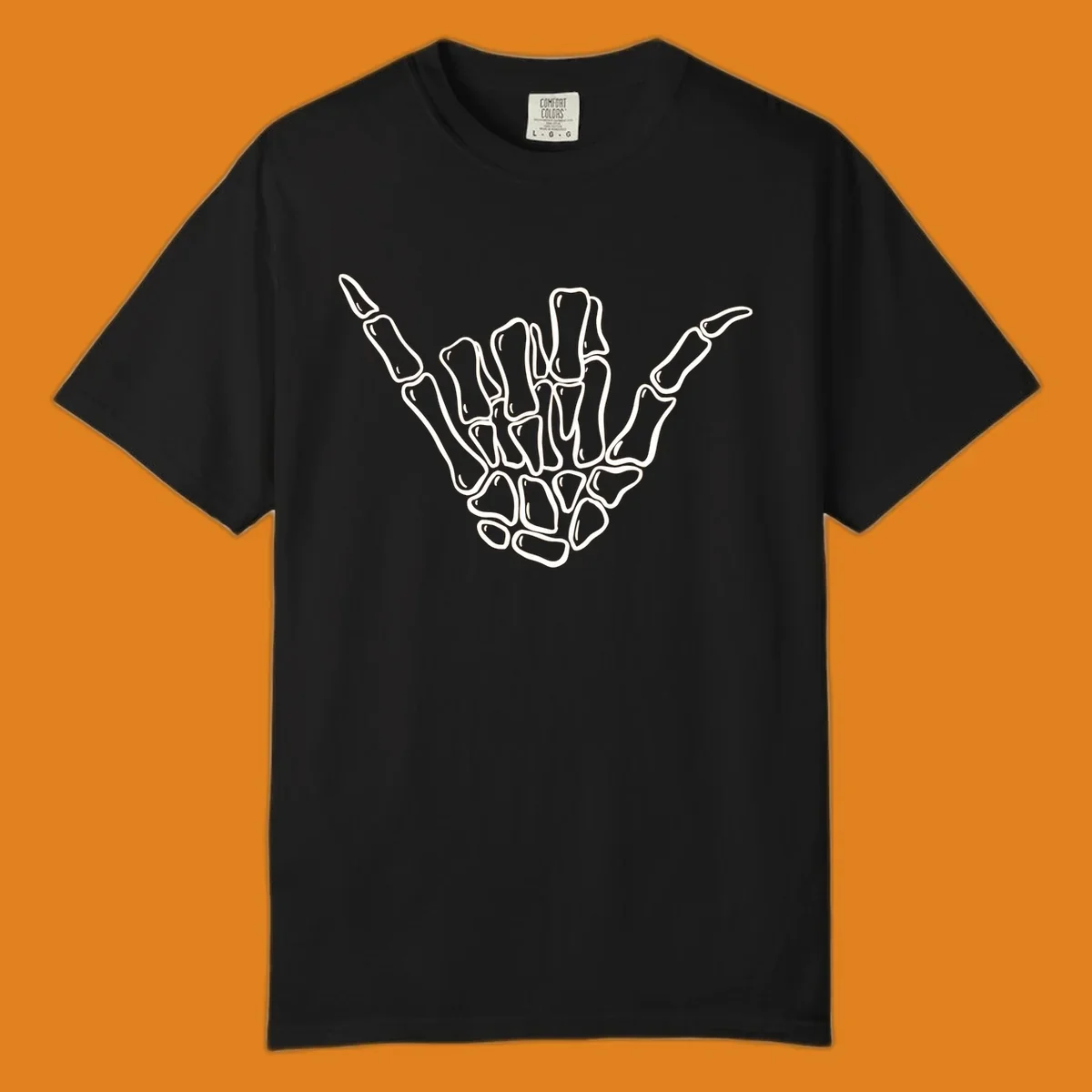 Stylized white skeleton hand performing a hang loose gesture, showcasing individual bones for an anatomical skeleton-hang-loose-hand design.
