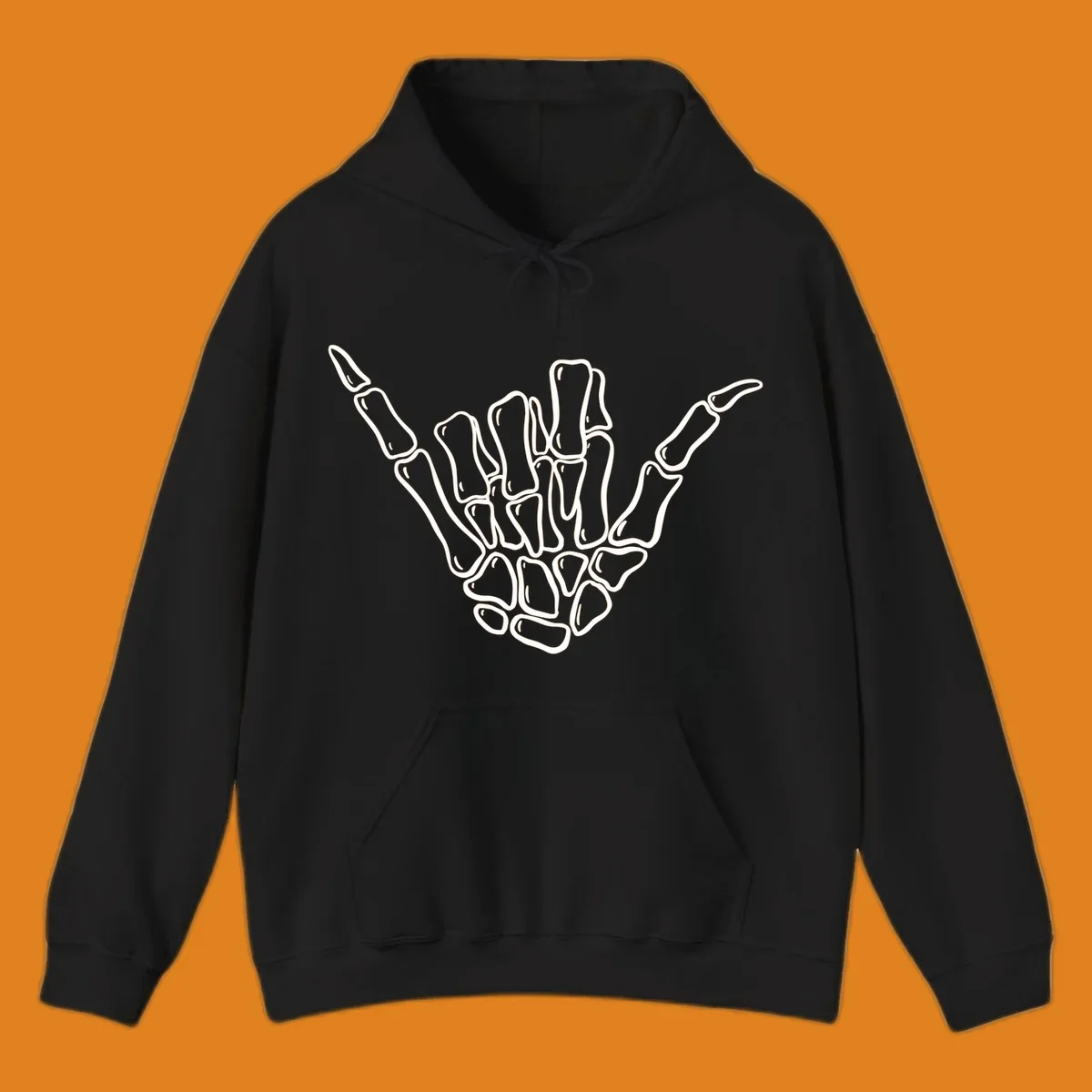 Stylized white skeleton hand performing a hang loose gesture, showcasing individual bones for an anatomical skeleton-hang-loose-hand design.