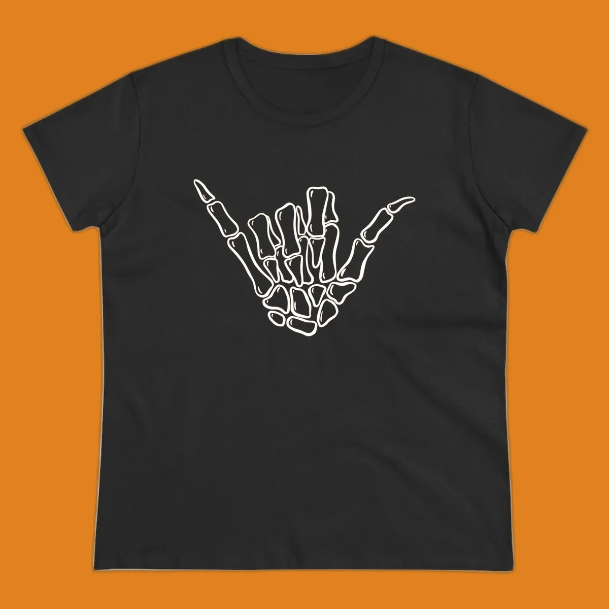 Stylized white skeleton hand performing a hang loose gesture, showcasing individual bones for an anatomical skeleton-hang-loose-hand design.