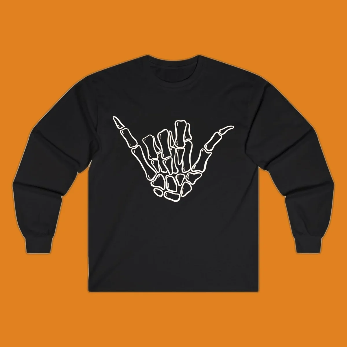 Stylized white skeleton hand performing a hang loose gesture, showcasing individual bones for an anatomical skeleton-hang-loose-hand design.