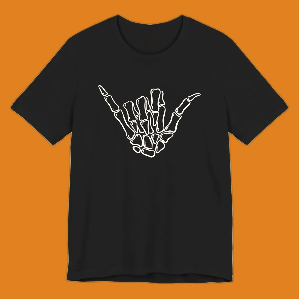 Stylized white skeleton hand performing a hang loose gesture, showcasing individual bones for an anatomical skeleton-hang-loose-hand design.