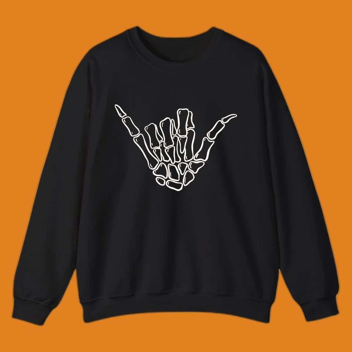 Stylized white skeleton hand performing a hang loose gesture, showcasing individual bones for an anatomical skeleton-hang-loose-hand design.