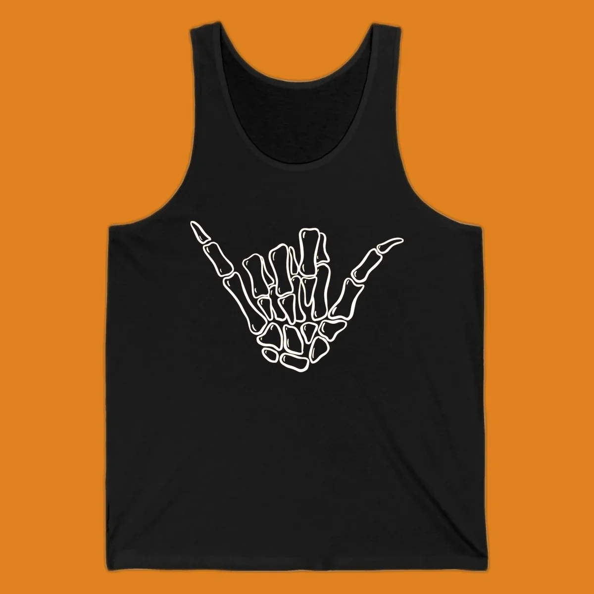 Stylized white skeleton hand performing a hang loose gesture, showcasing individual bones for an anatomical skeleton-hang-loose-hand design.
