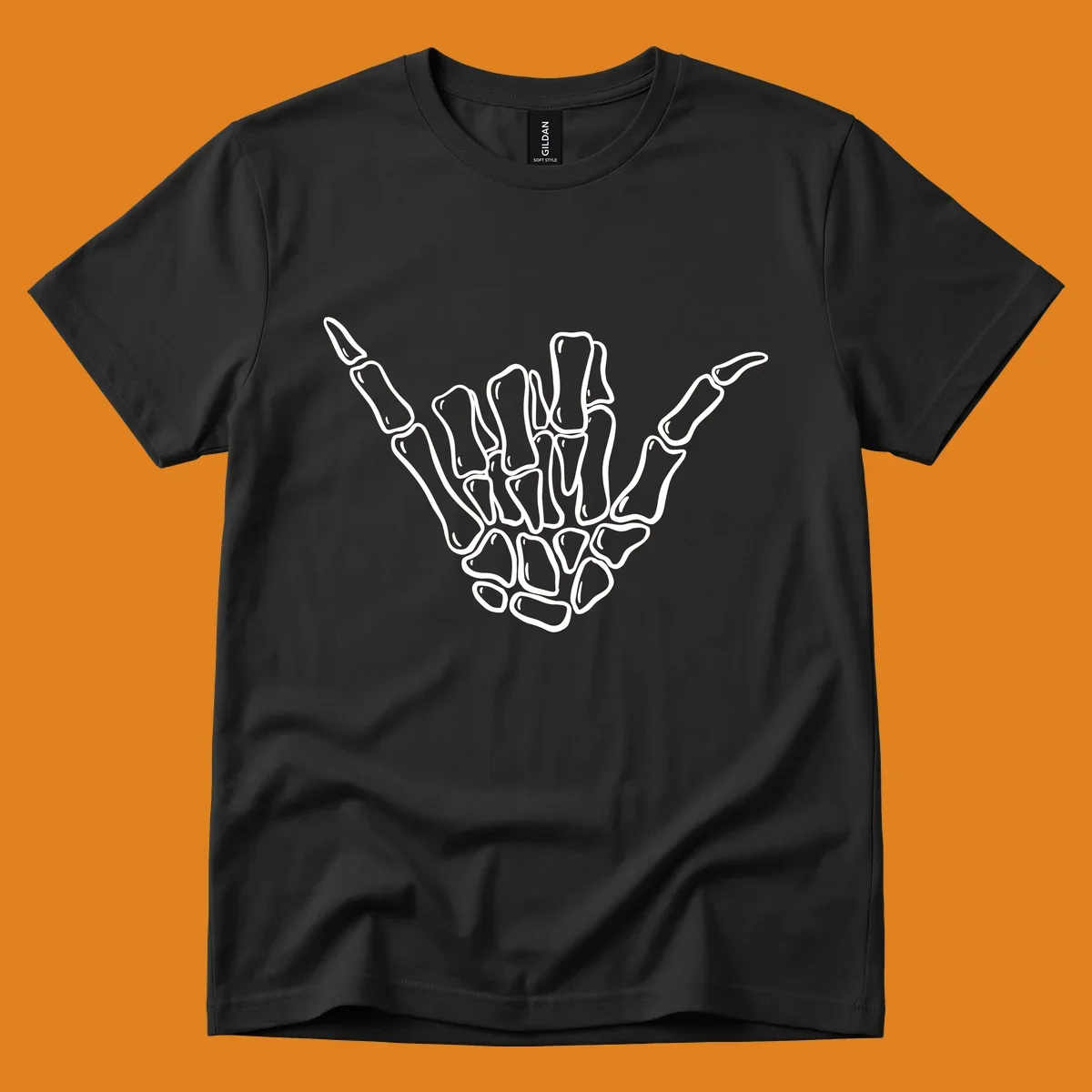 Stylized white skeleton hand performing a hang loose gesture, showcasing individual bones for an anatomical skeleton-hang-loose-hand design.