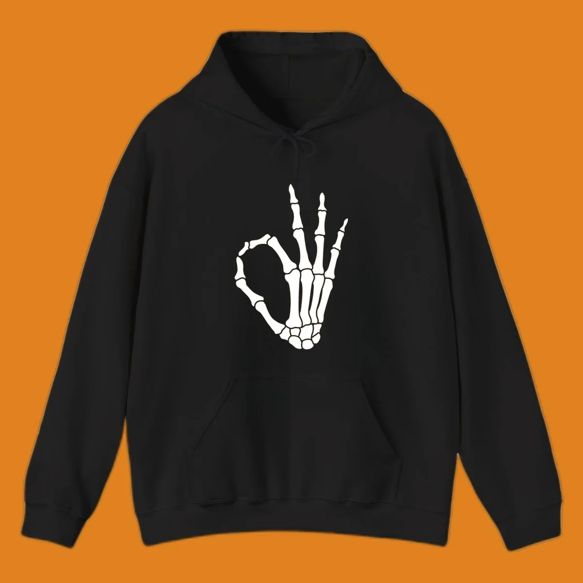 A white skeleton hand forms the 'okay' sign, with thumb and index finger creating a circle. A minimalist skeleton-hand-okay-sign.