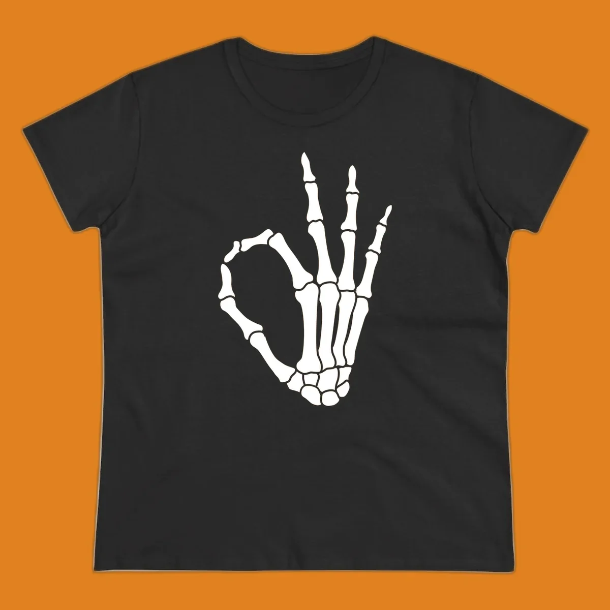A white skeleton hand forms the 'okay' sign, with thumb and index finger creating a circle. A minimalist skeleton-hand-okay-sign.