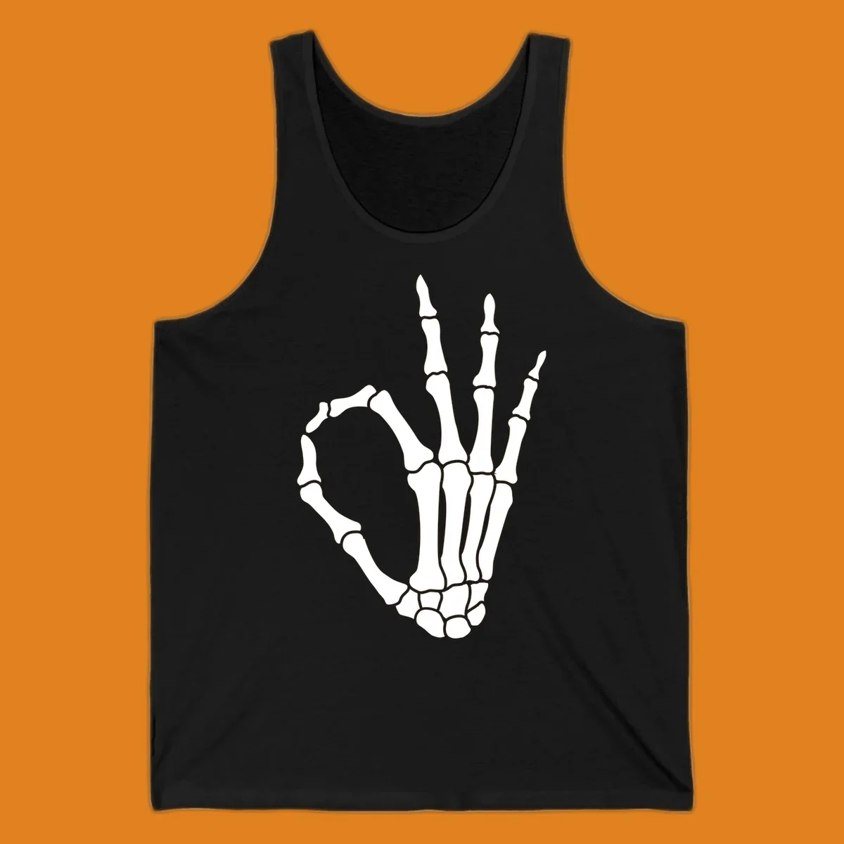A white skeleton hand forms the 'okay' sign, with thumb and index finger creating a circle. A minimalist skeleton-hand-okay-sign.